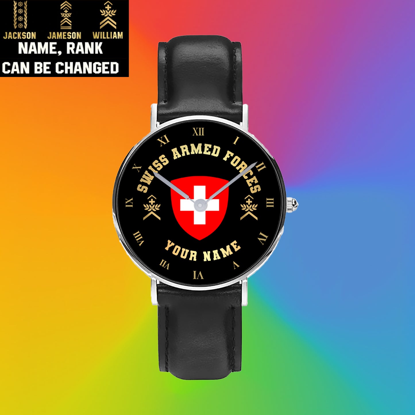 Personalisierte Schweizer Soldat/Veteran mit Namen und Rang, schwarze genähte Lederuhr – 0803240001 – Goldversion