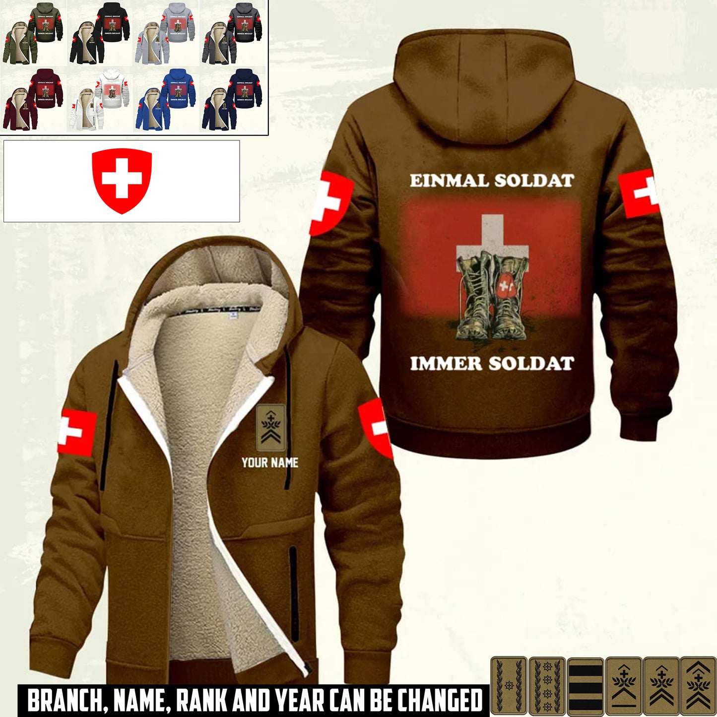 Personalized Swiss Soldier/ Veteran With Name And Rank Hoodie Zip Velvet Coat - 17362080