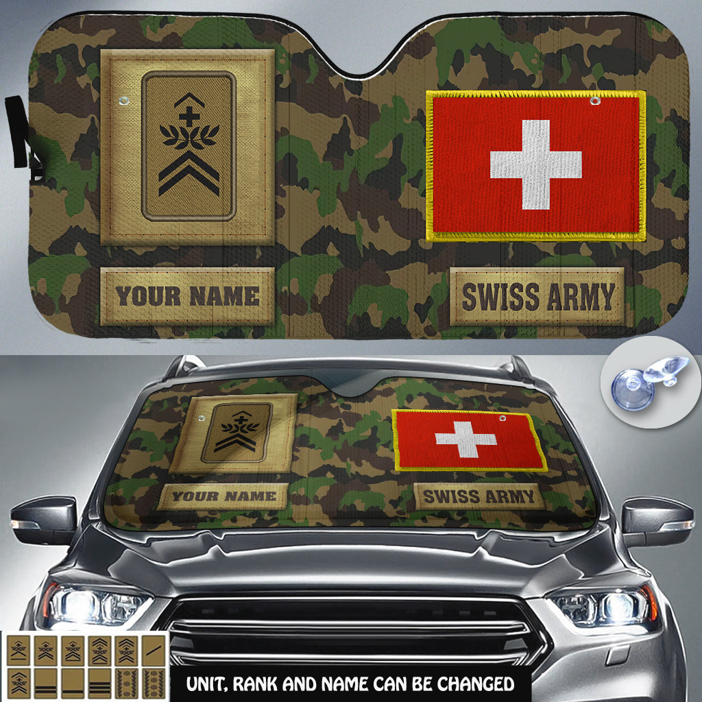 Pare-soleil de voiture personnalisé avec camouflage soldat/vétéran suisse avec nom et grade - 17230752