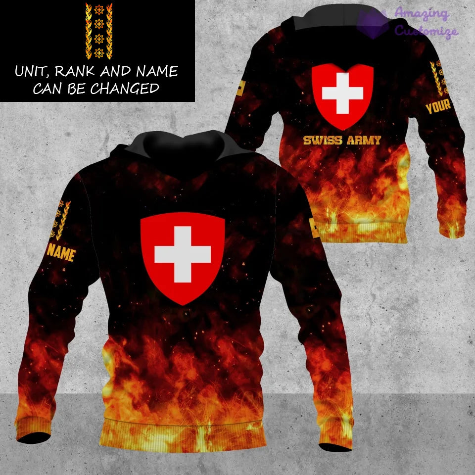 Sweat à capuche personnalisé avec camouflage soldat/vétéran suisse avec nom et grade imprimé sur toute la surface - 17259264