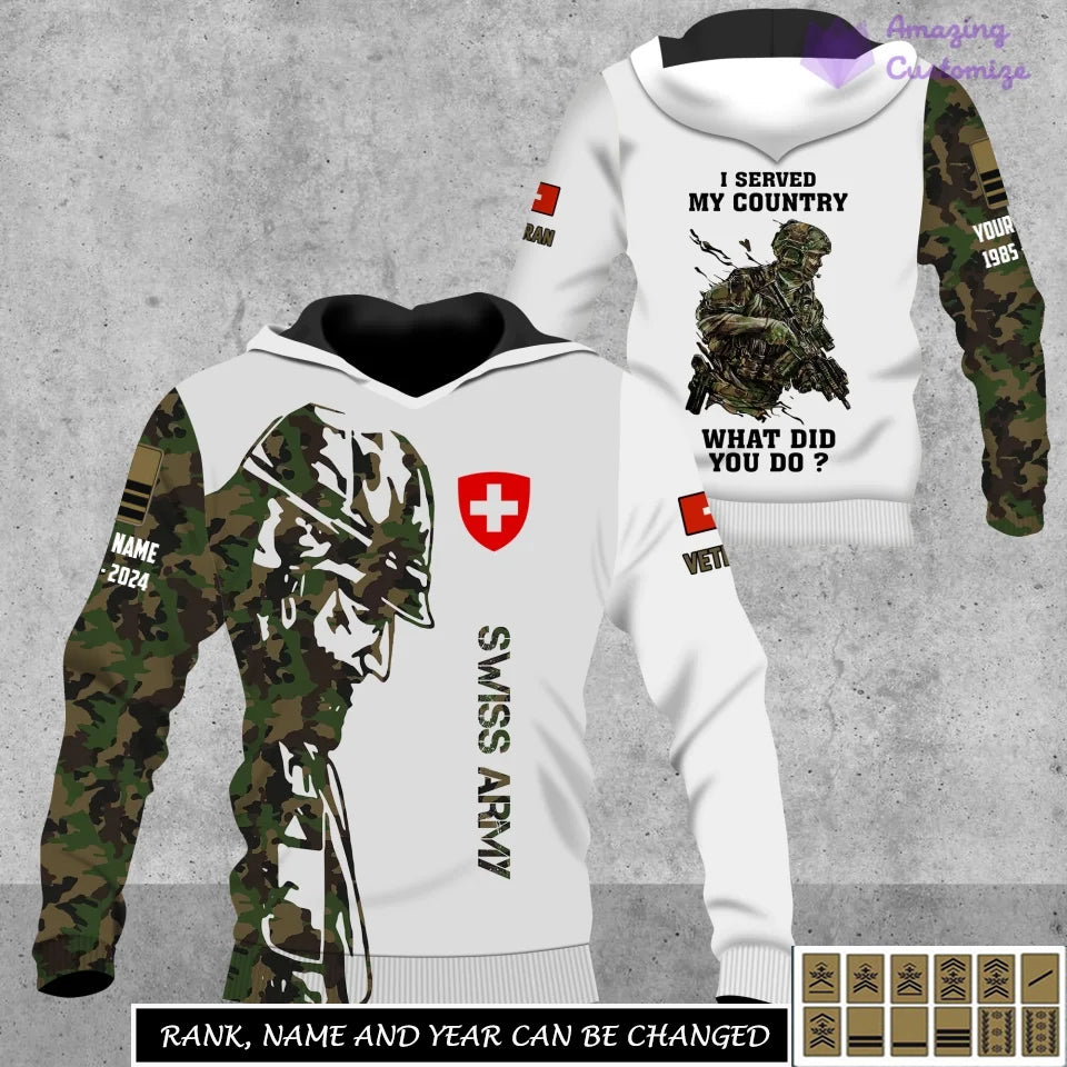 Sweat à capuche personnalisé avec camouflage soldat/vétéran suisse avec nom et grade imprimé sur toute la surface - 17262720