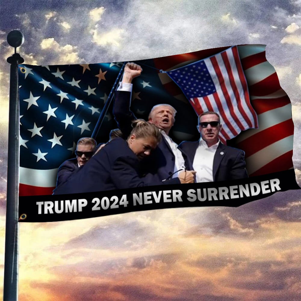 Rassemblement pour la fusillade de Trump 2024 Drapeau de la Jamais Capitulation Trump Shooter MAGA Vote Drapeau rouge des élections