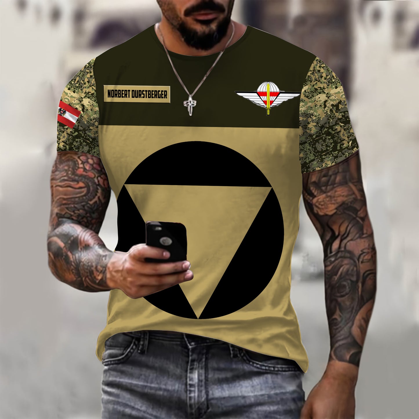 Personalisiertes Österreichisches Soldat/Veteranen-Tarnmuster mit Namen und Rang T-Shirt 3D-Druck