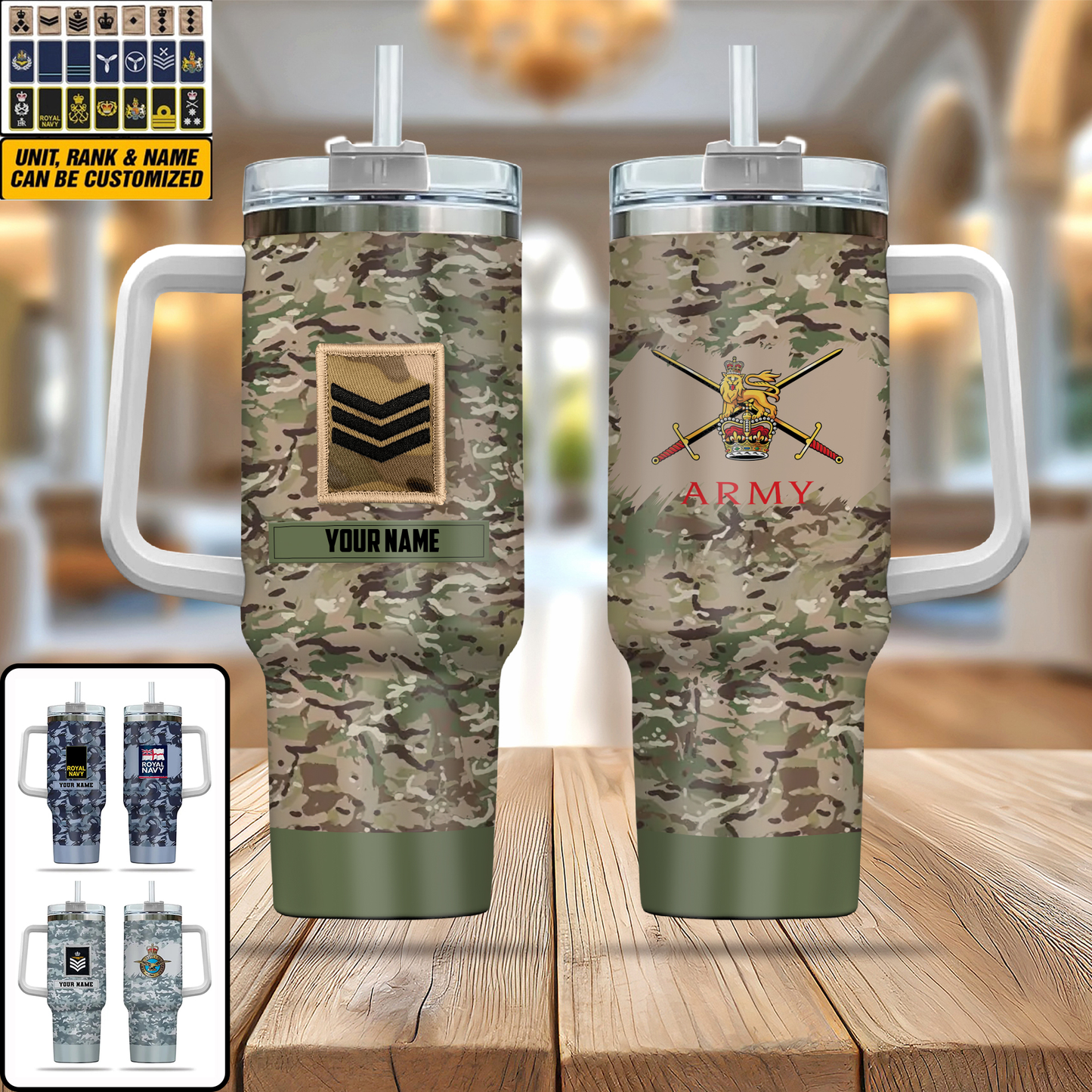 Personalized UK Soldier/ Veteran Camo With Name And Rank 40oz Tumbler 3D Printed - 2401240001