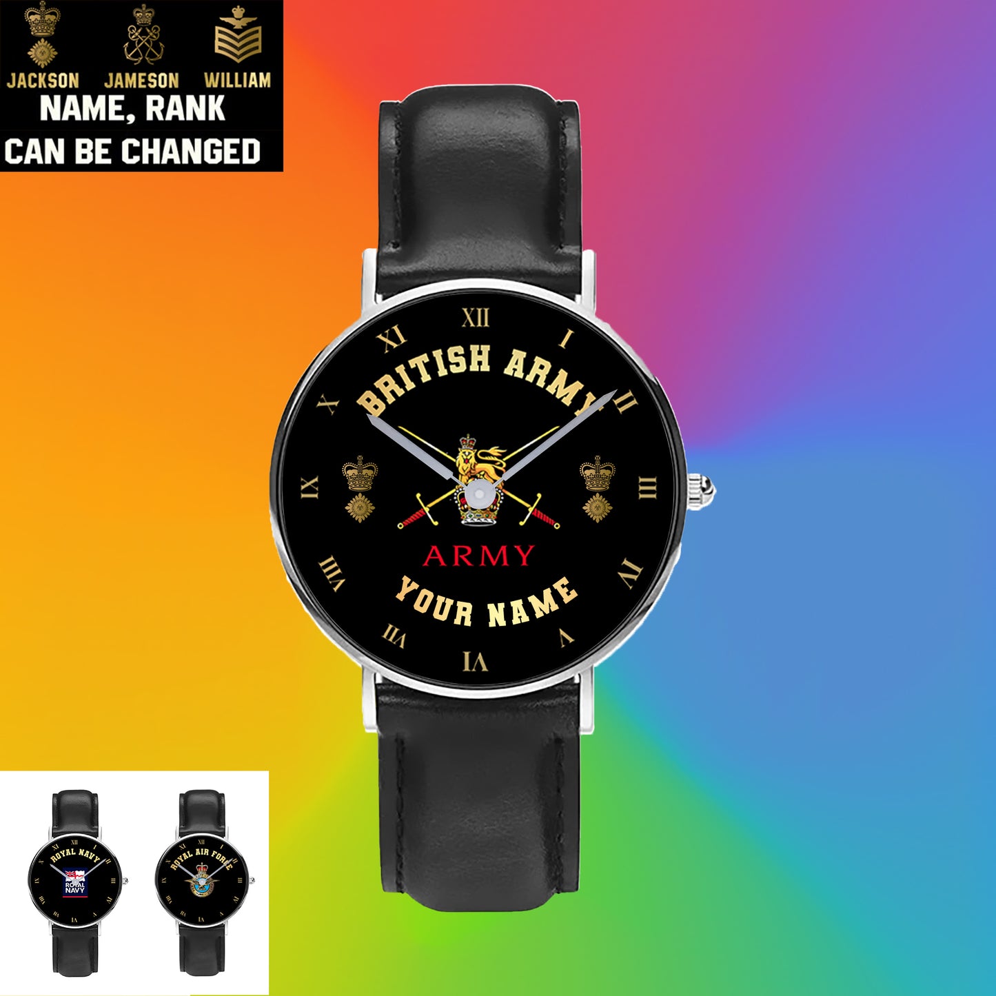 Personalized UK Soldier/ Veteran With Name And Rank Black Stitched Leather Watch - 0803240001 - Gold Version