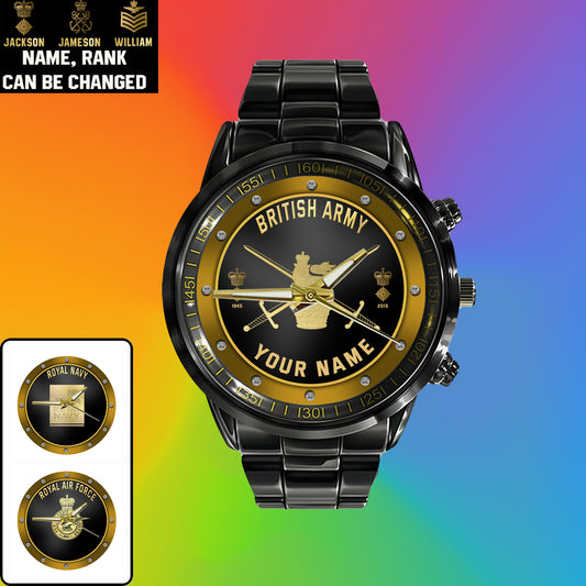 Personalized UK Soldier/ Veteran With Name, Rank And Year Black Stainless Steel Watch - 1803240001 - Gold Version