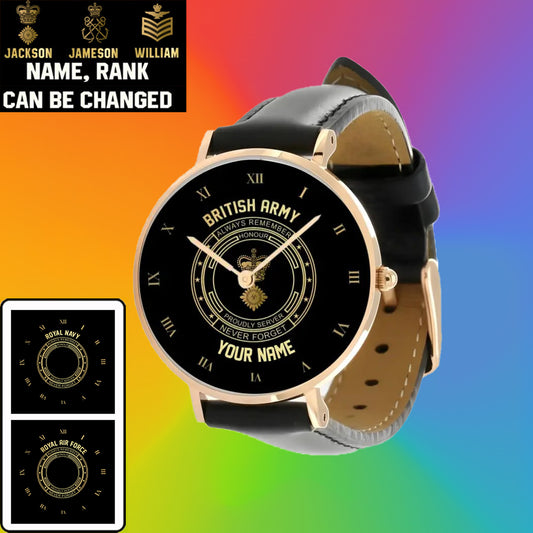 Montre personnalisée en cuir noir avec coutures noires pour soldat/vétéran du Royaume-Uni avec nom et grade - 2803240001 - Version dorée