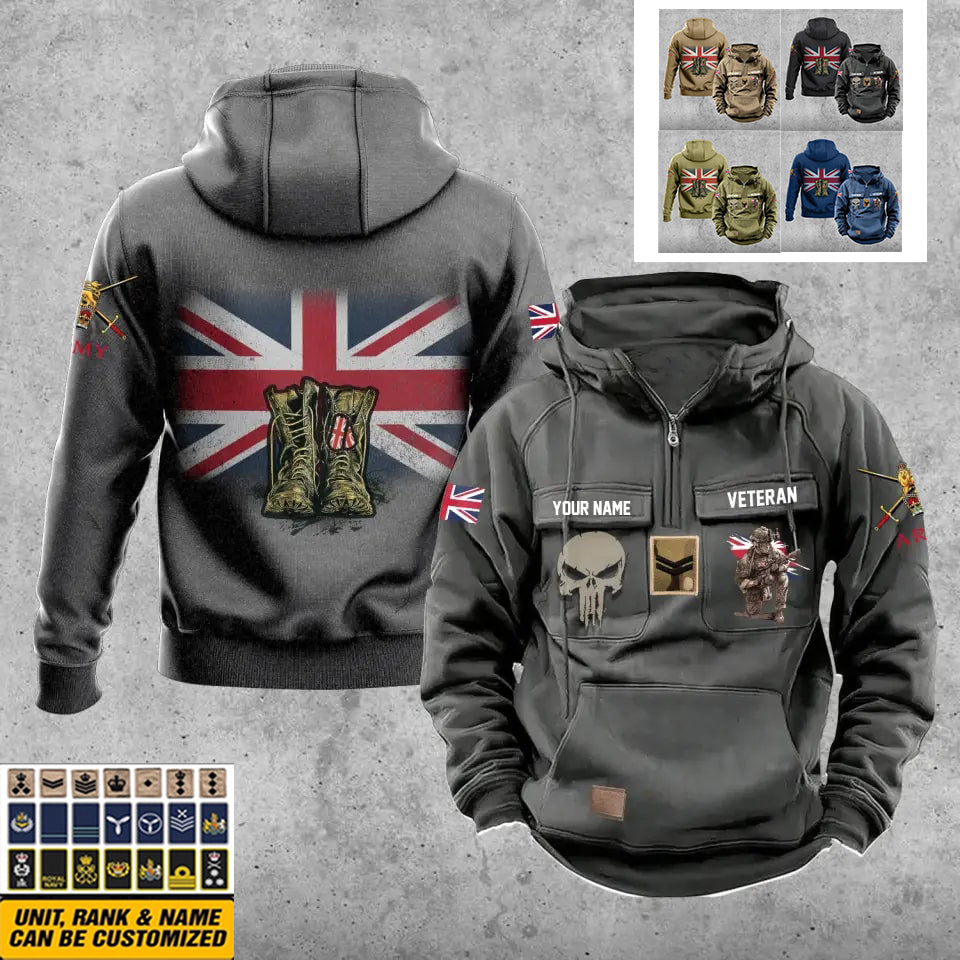 Personalisierter britischer Soldat/Veteran mit Rang und Namen, Vintage-Kapuzenpullover, komplett bedruckt – 17203968