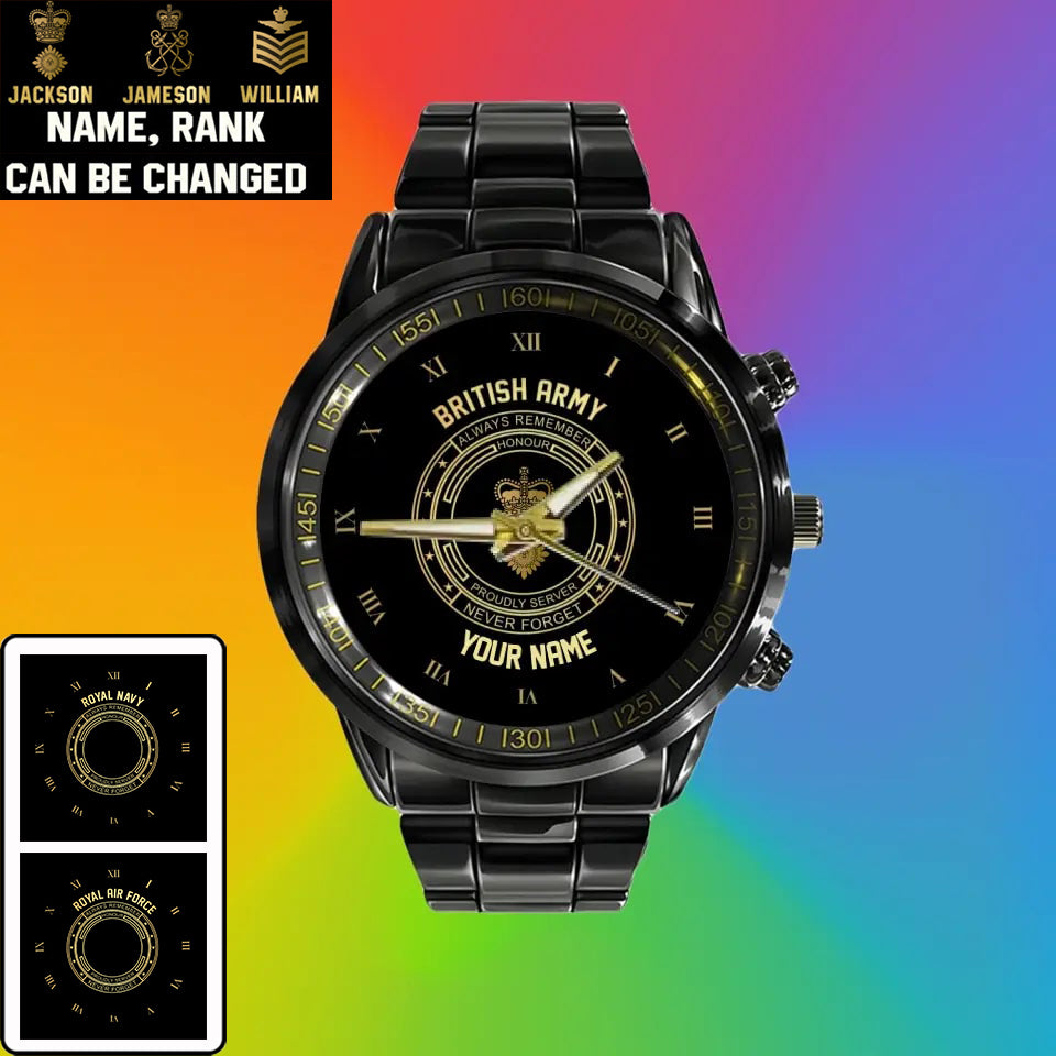 Personalized UK Soldier/ Veteran With Name And Rank Black Stainless Steel Watch - 2803240001 - Gold Version