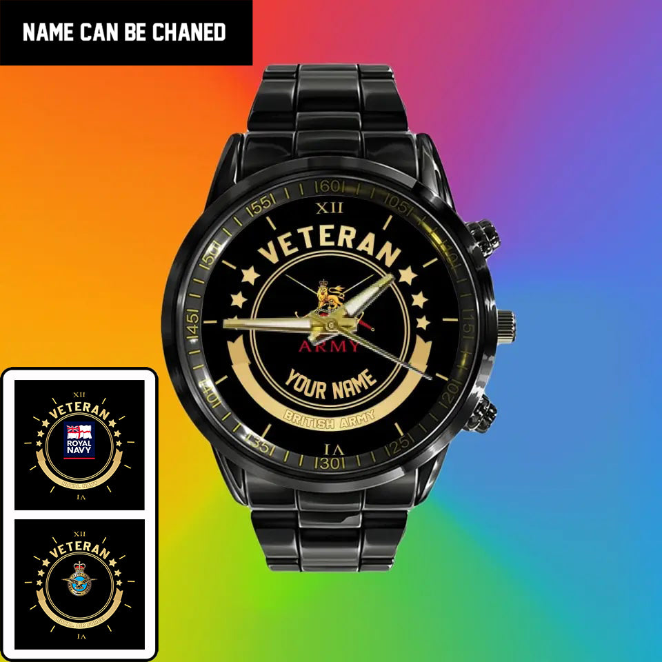 Personalized UK Soldier/ Veteran With Name Black Stainless Steel Watch - 1103240001 - Gold Version