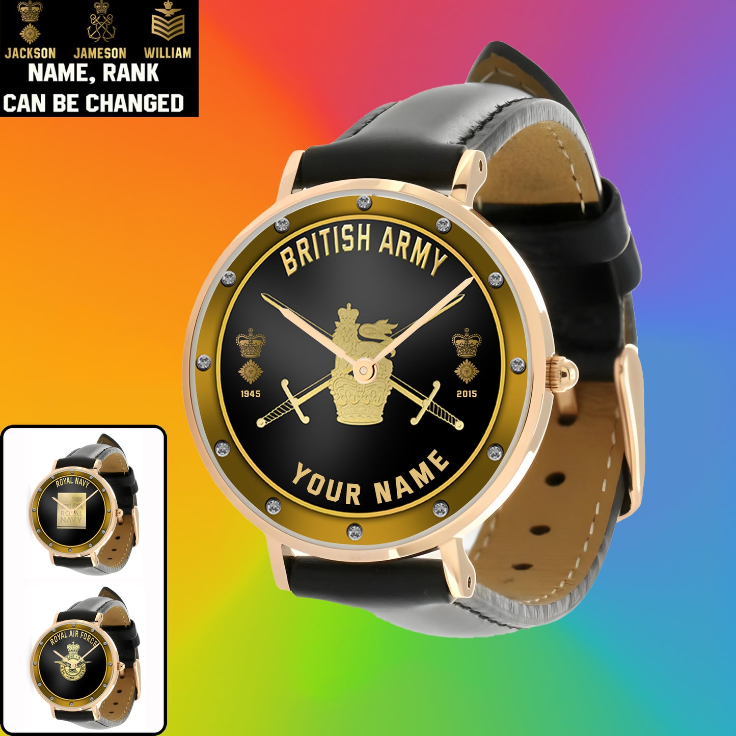 Personalized UK Soldier/ Veteran With Name, Rank And Year Black Stitched Leather Watch - 1803240001 - Gold Version