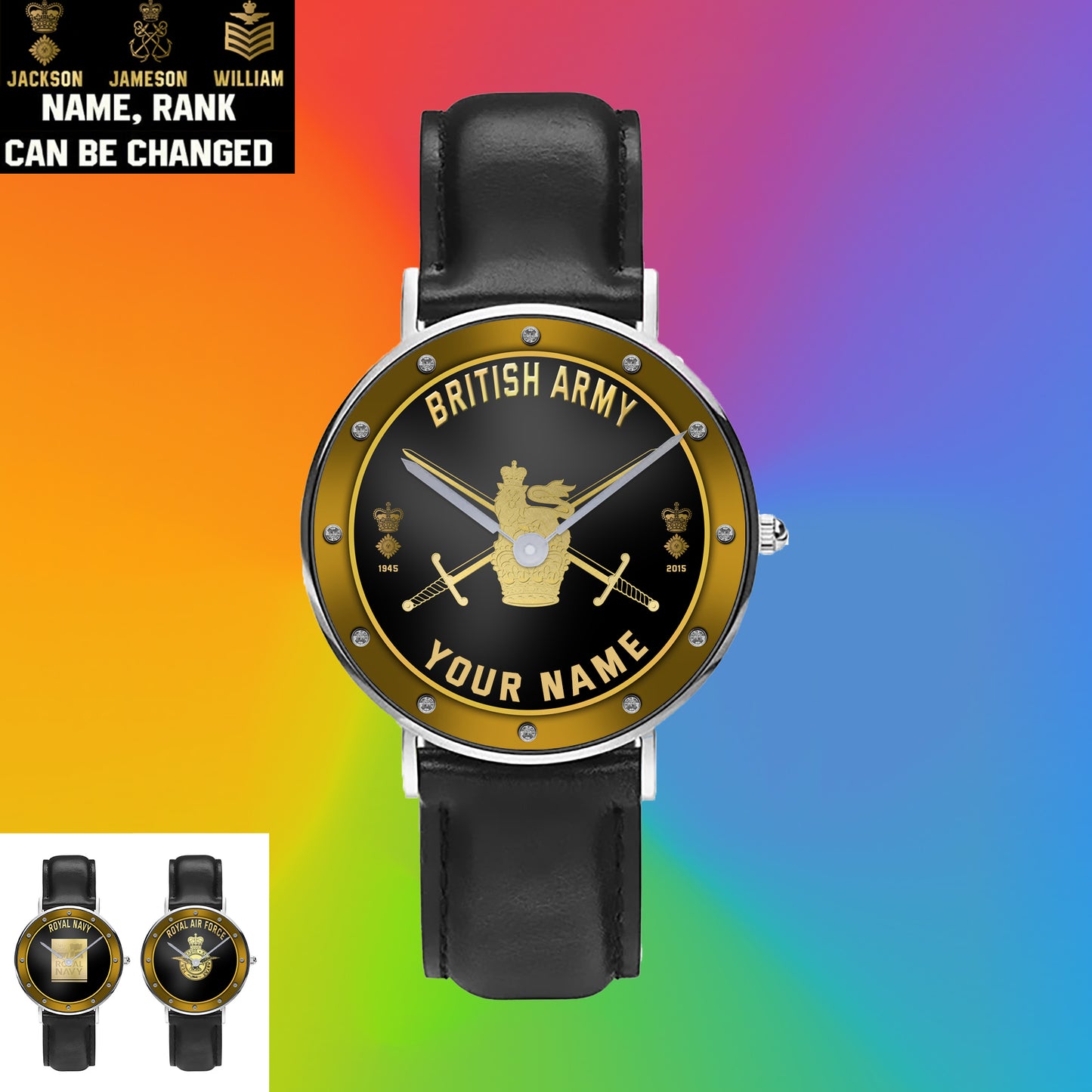 Personalized UK Soldier/ Veteran With Name, Rank And Year Black Stitched Leather Watch - 1803240001 - Gold Version