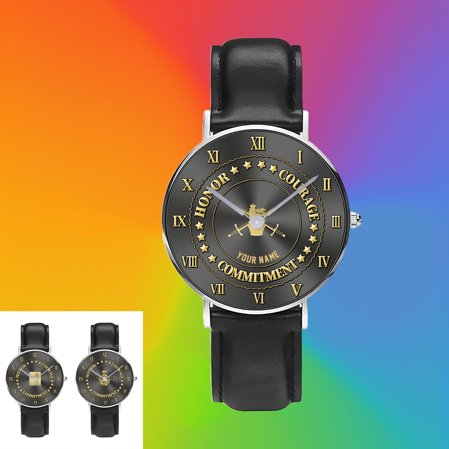 Montre personnalisée en cuir noir avec coutures noires pour soldat/vétéran du Royaume-Uni - 2203240001 - Version dorée