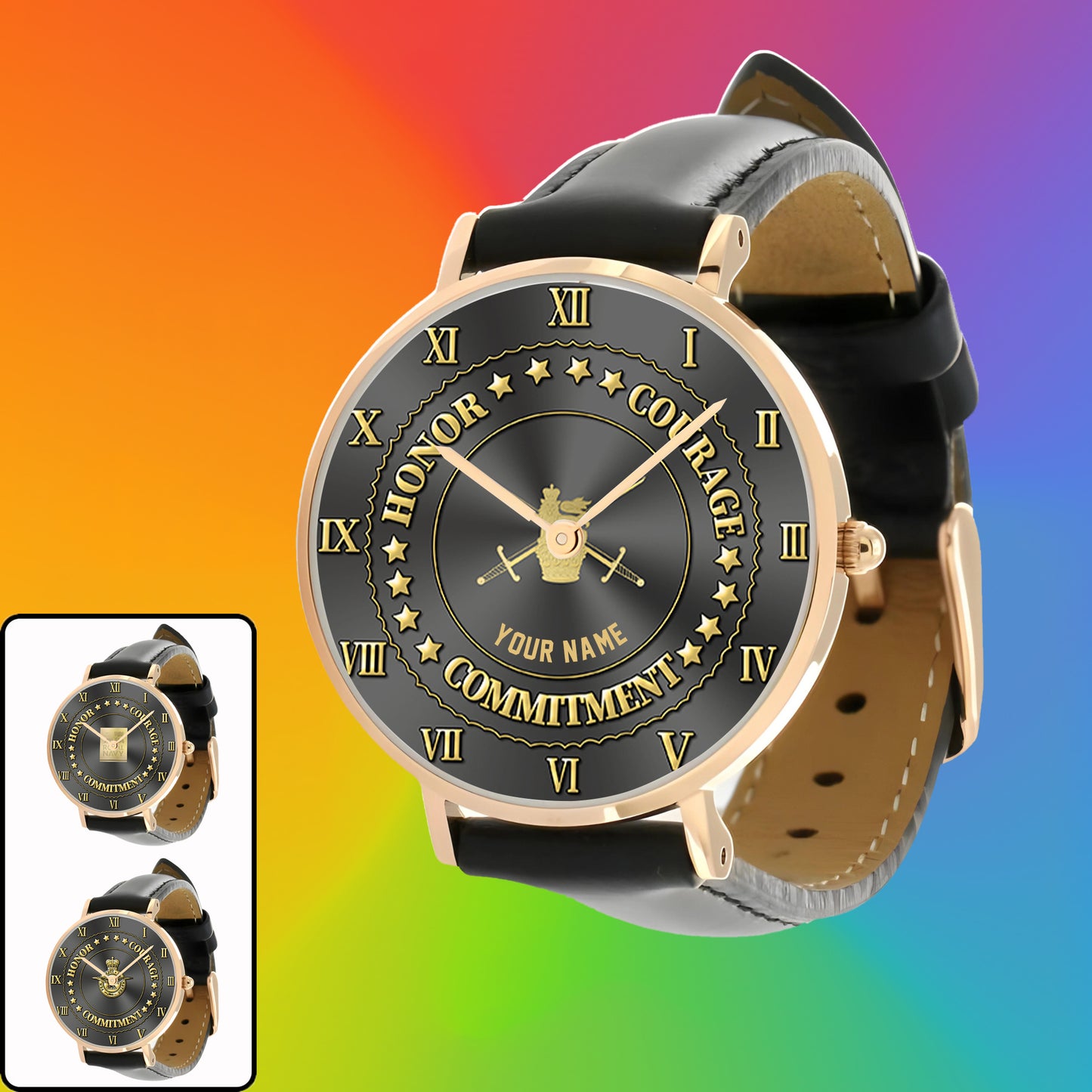 Montre personnalisée en cuir noir avec coutures noires pour soldat/vétéran du Royaume-Uni - 2203240001 - Version dorée