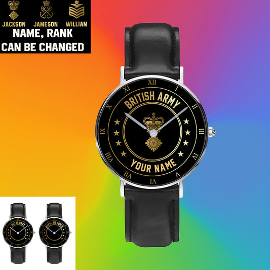 Personalisierte britische Soldat/Veteran mit Namen und Rang, schwarze genähte Lederuhr – 2003240001 – goldene Version