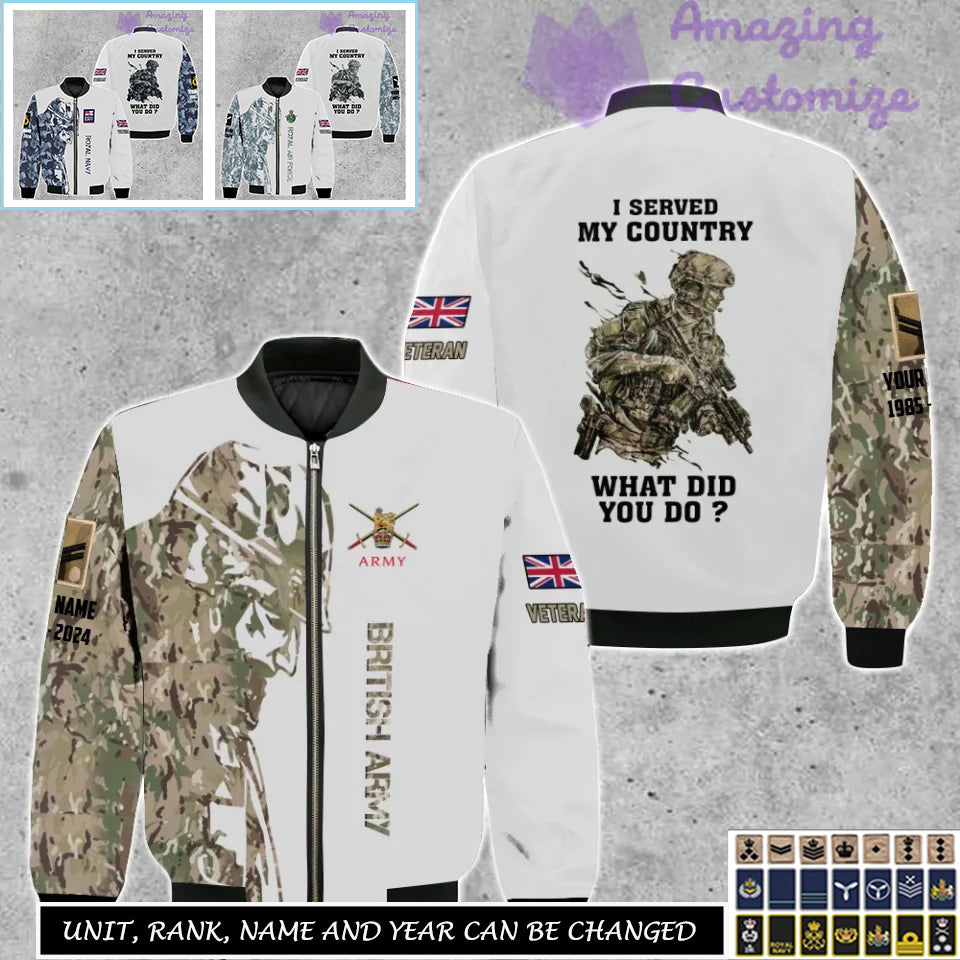 Personalized UK Soldier/Veteran Camo with Name, Rank Bomber All Over Printed - 17262720