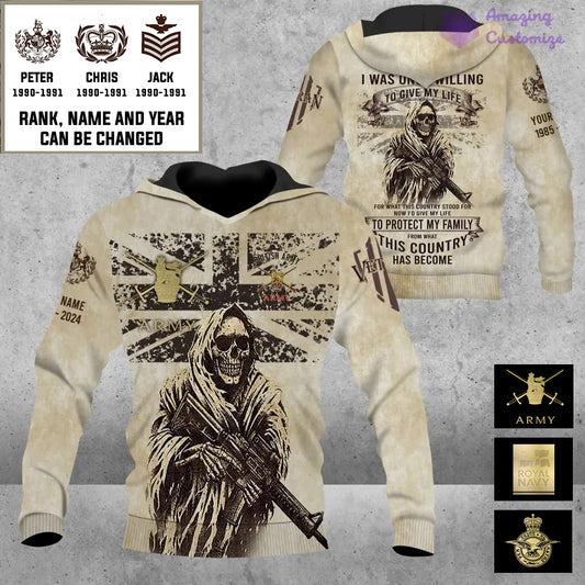 Personalisierter Kapuzenpullover mit Camouflage-Muster für britische Soldaten/Veteranen mit Namen, Jahr und Rang, komplett bedruckt – 17216064