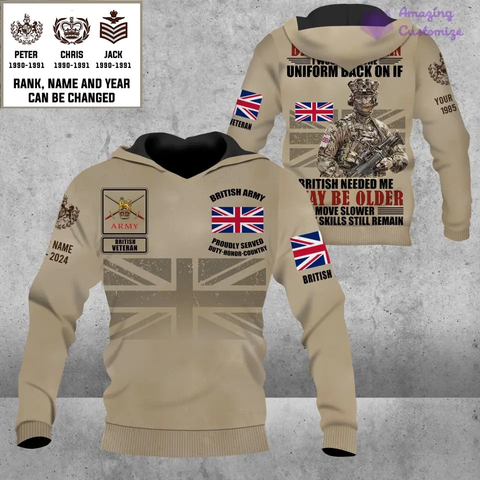 Sweat à capuche personnalisé avec motif camouflage soldat/vétéran britannique et nom, année et grade, imprimé sur toute la surface - 1721865603