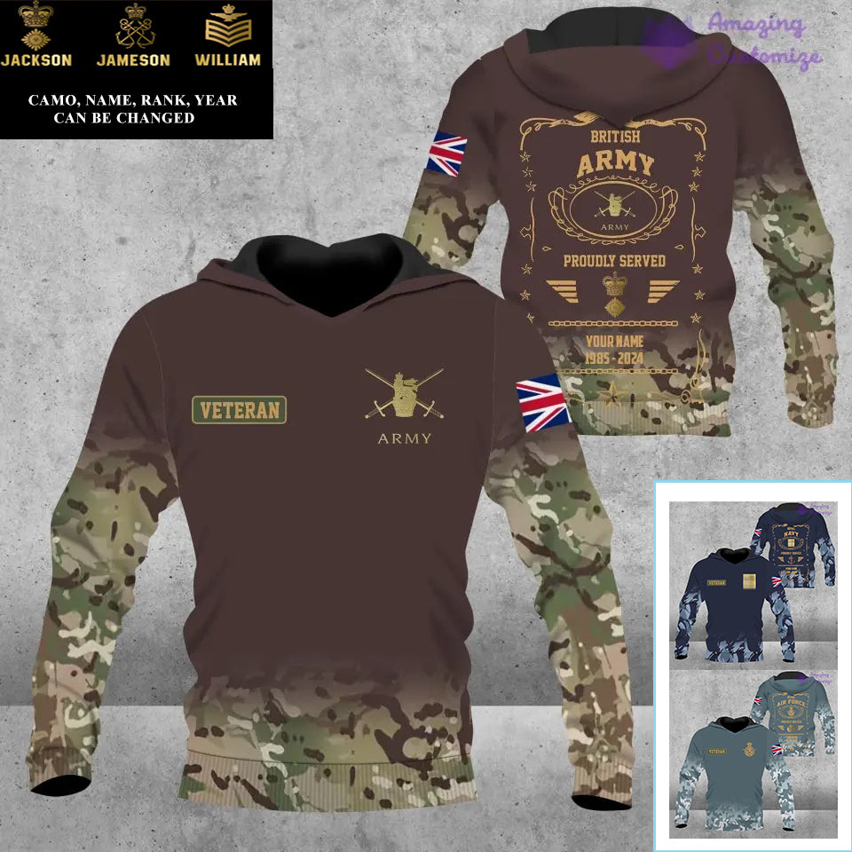 Personalisierter Kapuzenpullover mit Camouflage-Muster für britische Soldaten/Veteranen mit Namen, Jahr und Rang, komplett bedruckt – 1721606402