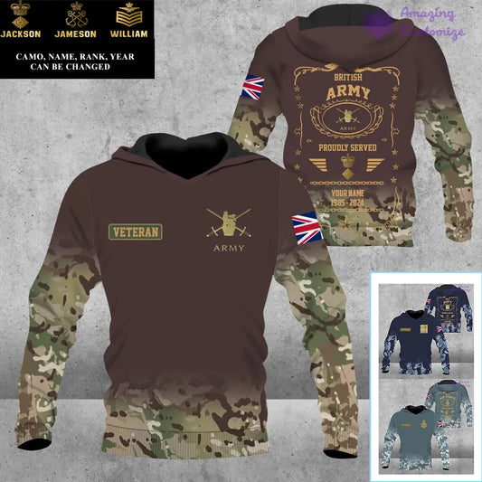 Sweat à capuche personnalisé avec motif camouflage soldat/vétéran britannique et nom, année et grade, imprimé sur toute la surface - 1721606402