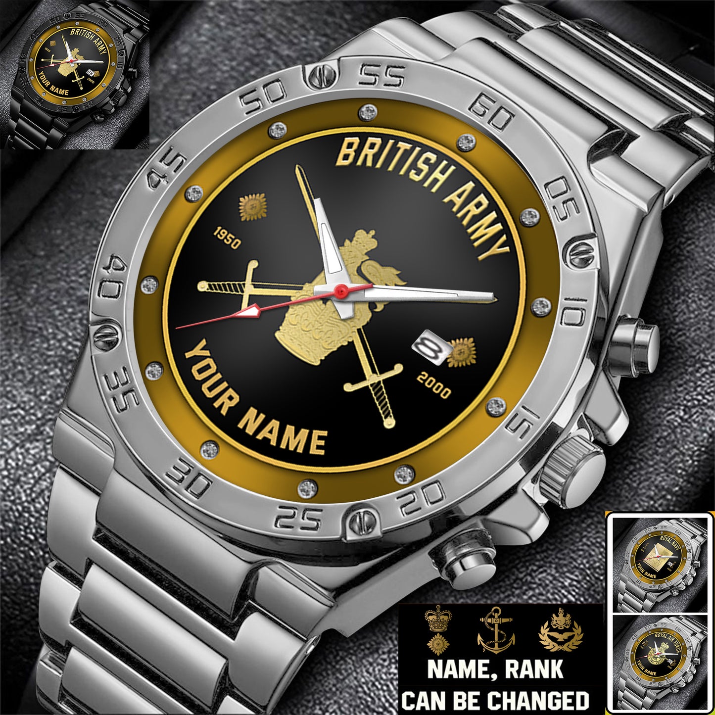 Personalized UK Soldier/ Veteran With Name, Rank And Year Gentleman Stainless Steel Watch - 17387136