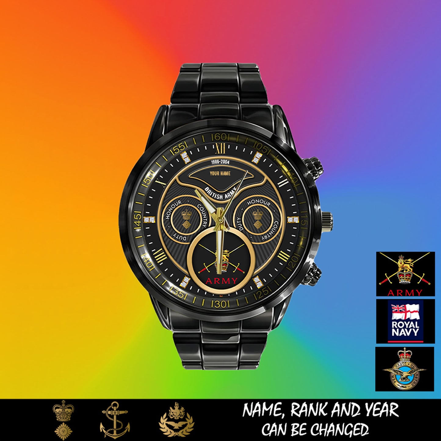 Personalized UK Soldier/ Veteran With Name, Rank And Year Black Stainless Steel Watch - 17286660 - Gold Version