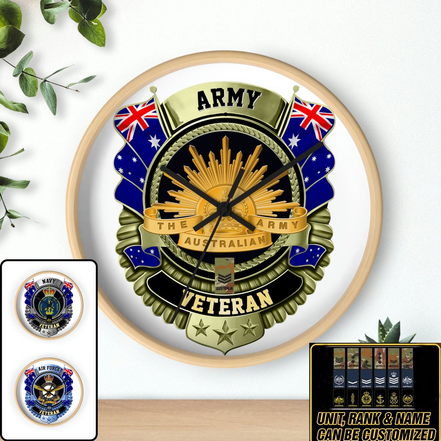 Personalisierter Rang australischer Soldat/Veteranen Camouflage Holzuhr - 0102240008