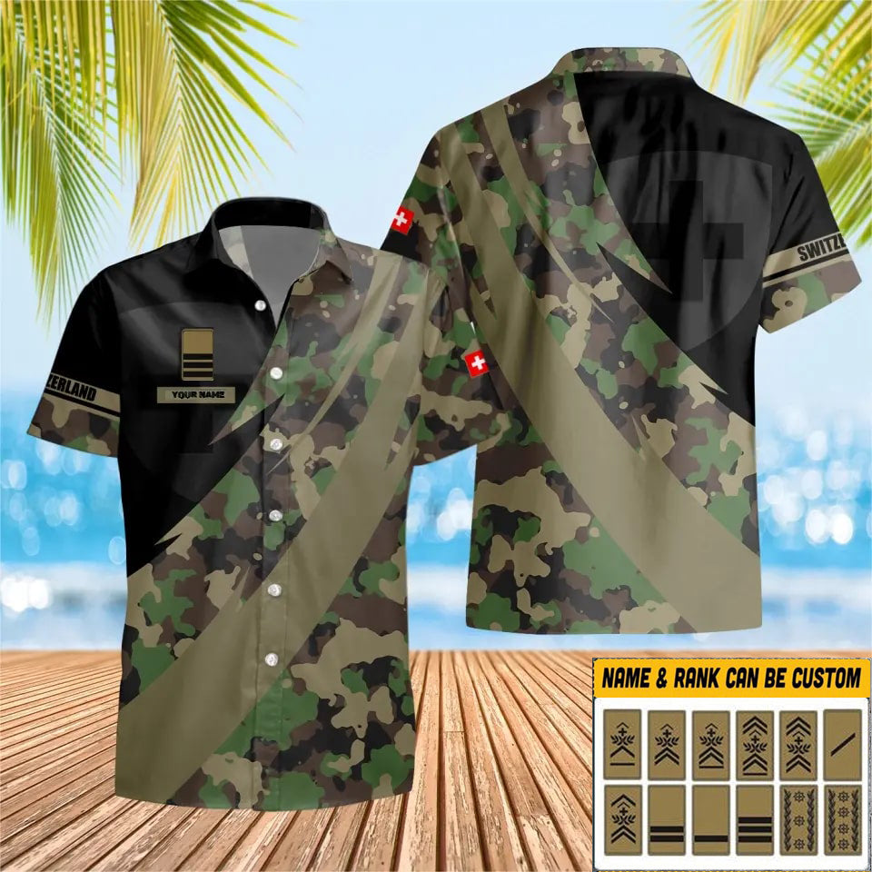 T-shirt Hawaï personnalisé avec camouflage soldat suisse/vétéran avec nom et grade imprimé en 3D - 3004230002