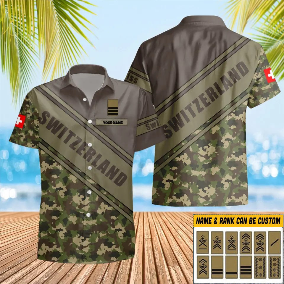 T-shirt Hawaï personnalisé avec camouflage soldat suisse/vétéran avec nom et grade imprimé en 3D - 3004230001