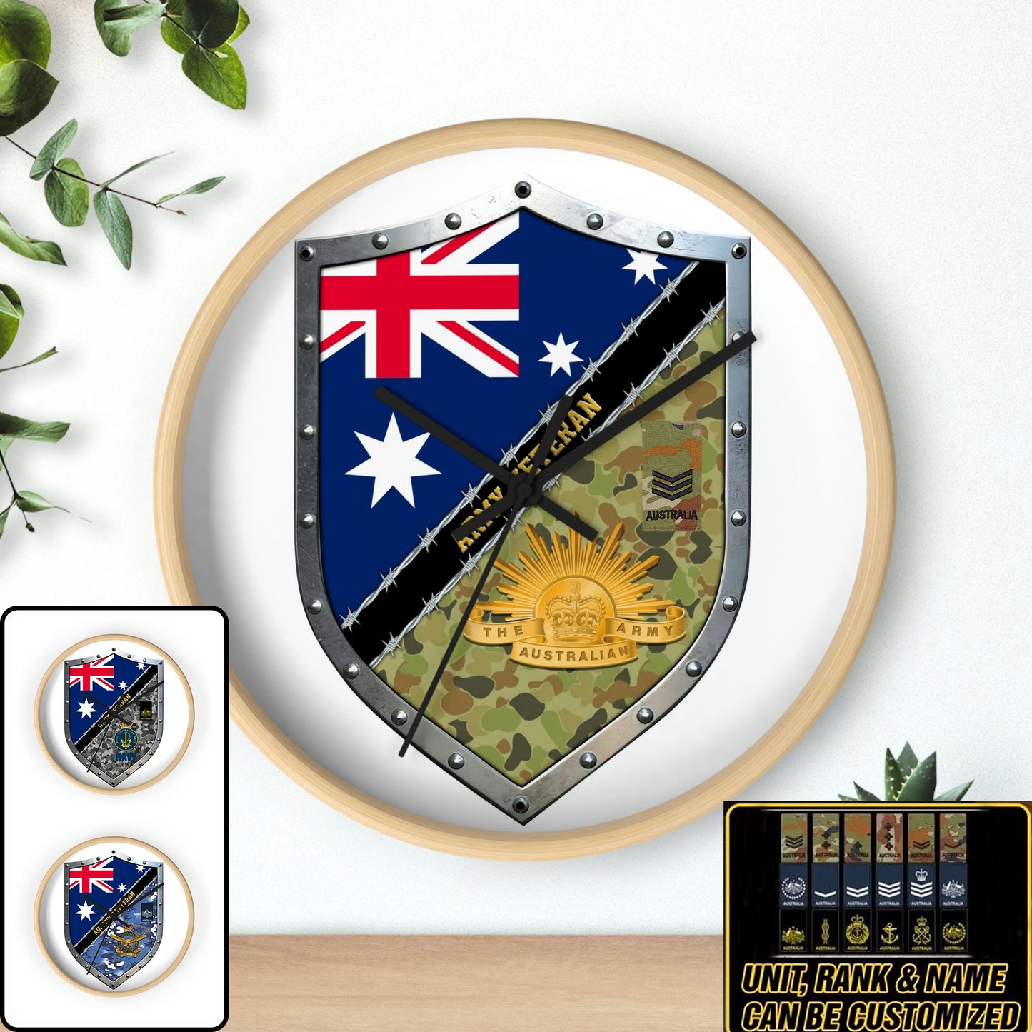 Horloge en bois personnalisée avec motif camouflage pour soldat/vétéran australien - 0102240015