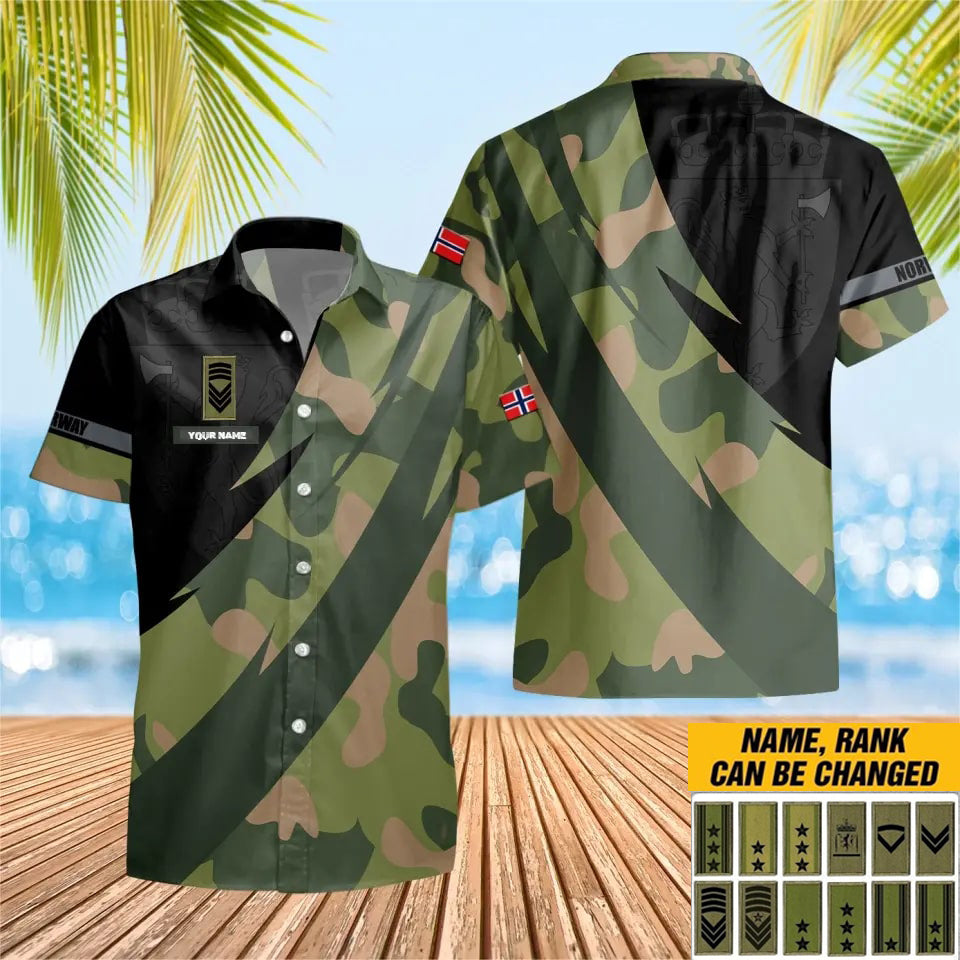 T-shirt Hawaï personnalisé avec camouflage de soldat/vétéran norvégien avec nom et grade imprimé en 3D - 3004230002