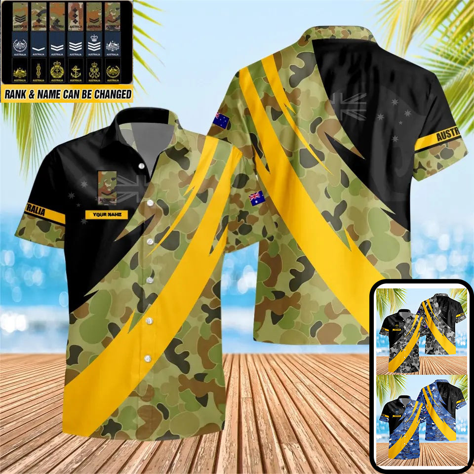 T-shirt Hawaïen personnalisé avec camouflage de soldat/vétéran australien avec nom et grade imprimé en 3D - 3004230002