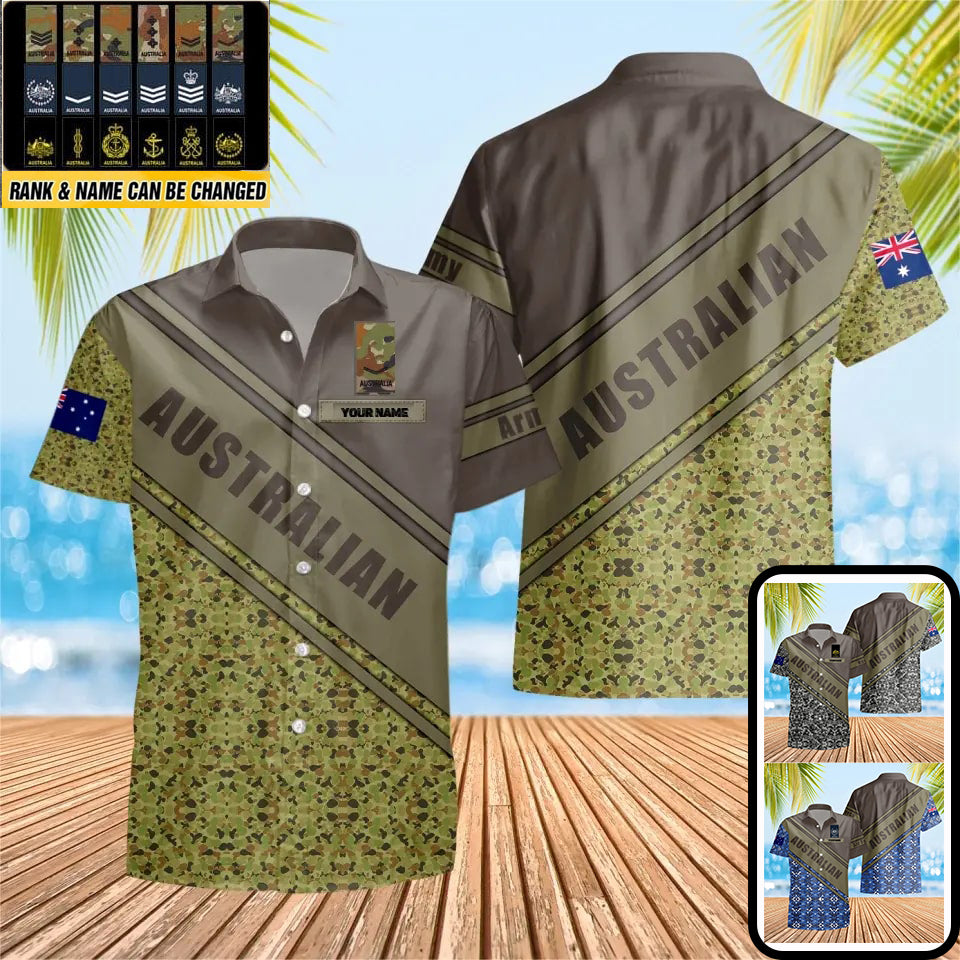 T-shirt Hawaïen personnalisé avec camouflage de soldat/vétéran australien avec nom et grade imprimé en 3D - 3004230001