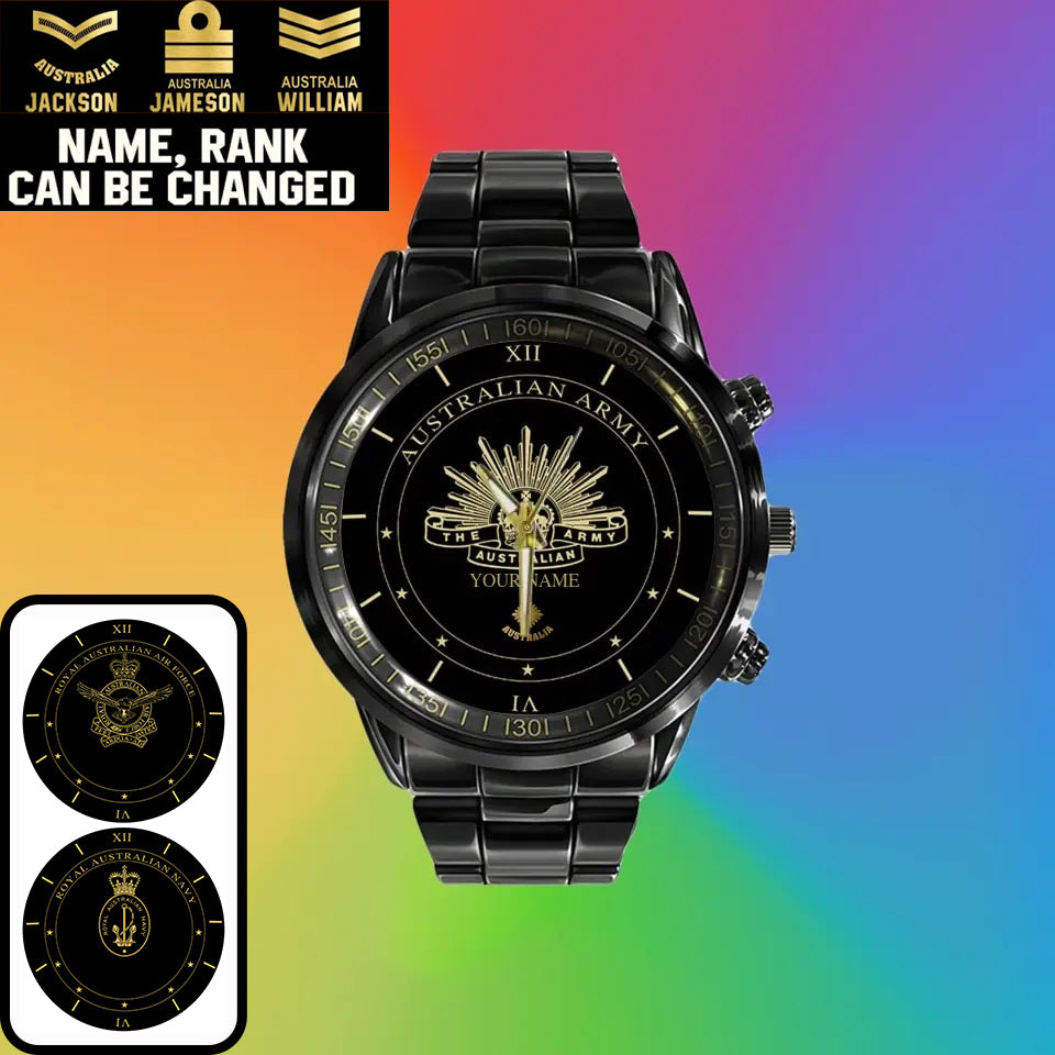 Montre personnalisée en acier inoxydable noir pour soldat/vétéran australien avec nom et grade - 0603240001 - Version dorée