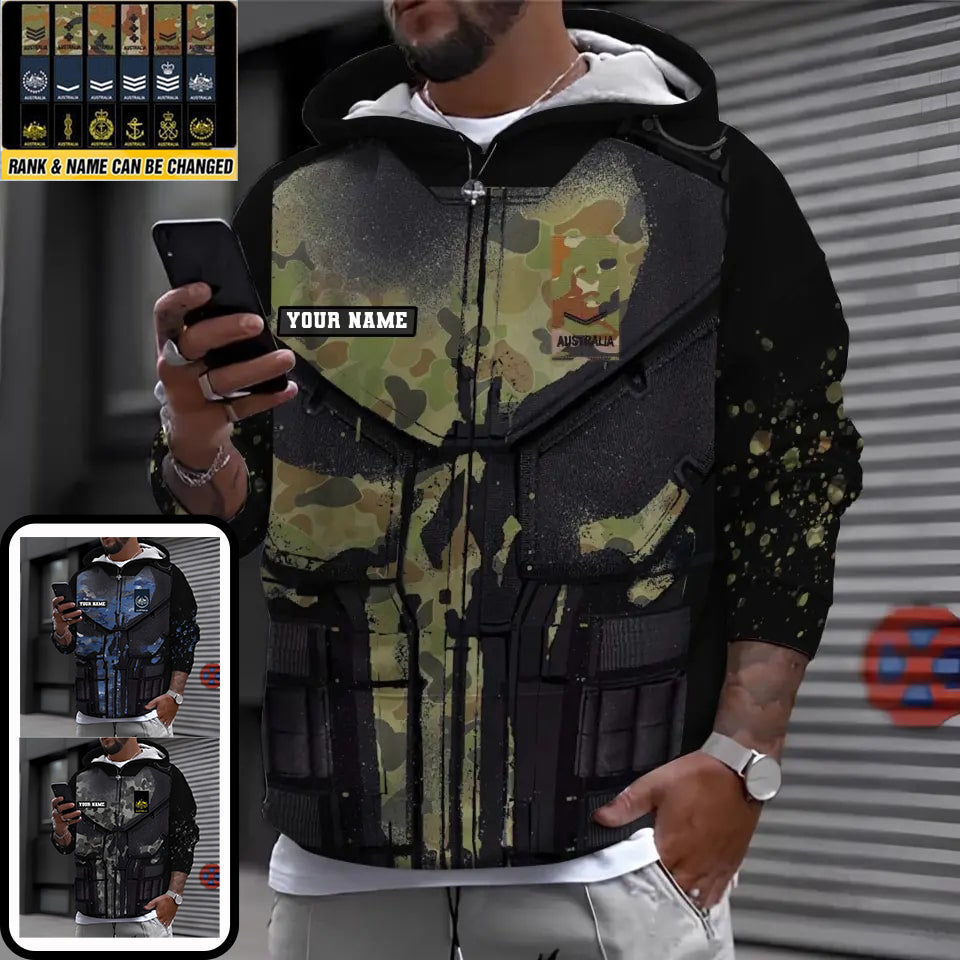 Personalisierter Kapuzenpullover mit Camouflage-Muster für australische Soldaten/Veteranen mit Namen und Rang, 3D-Druck – 2911230001