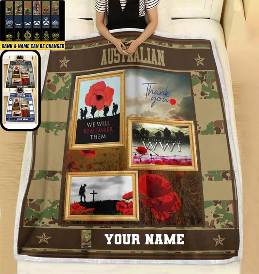 Personalisierte Fleecedecke mit Camouflage-Muster für australische Soldaten/Veteranen mit Namen und Rang, 3D-Druck – 1310230001