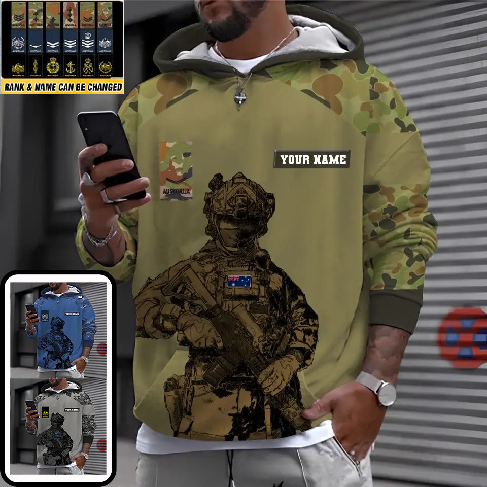 Personalisierter Kapuzenpullover mit Camouflage-Muster für australische Soldaten/Veteranen mit Namen und Rang, 3D-Druck – 17017344