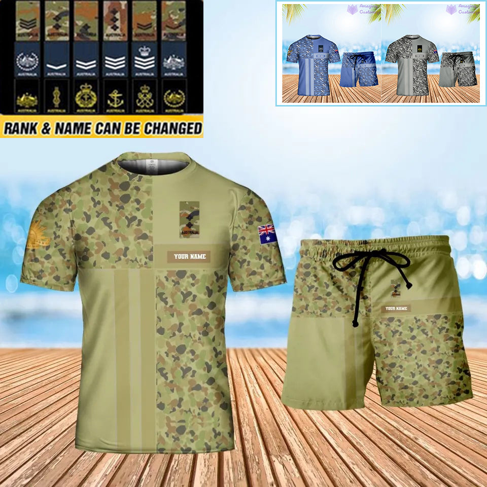 Personalisiertes australisches Soldaten-/Veteranen-Tarnmuster mit Namen und Rang, Kombi-T-Shirt + Shorts, 3D-Druck – 07042401QA