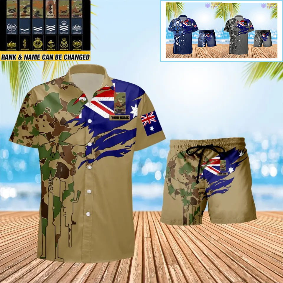 T-shirt et short Hawaï personnalisés avec camouflage soldat/vétéran australien et combo de grade imprimés en 3D - 0811230015QA