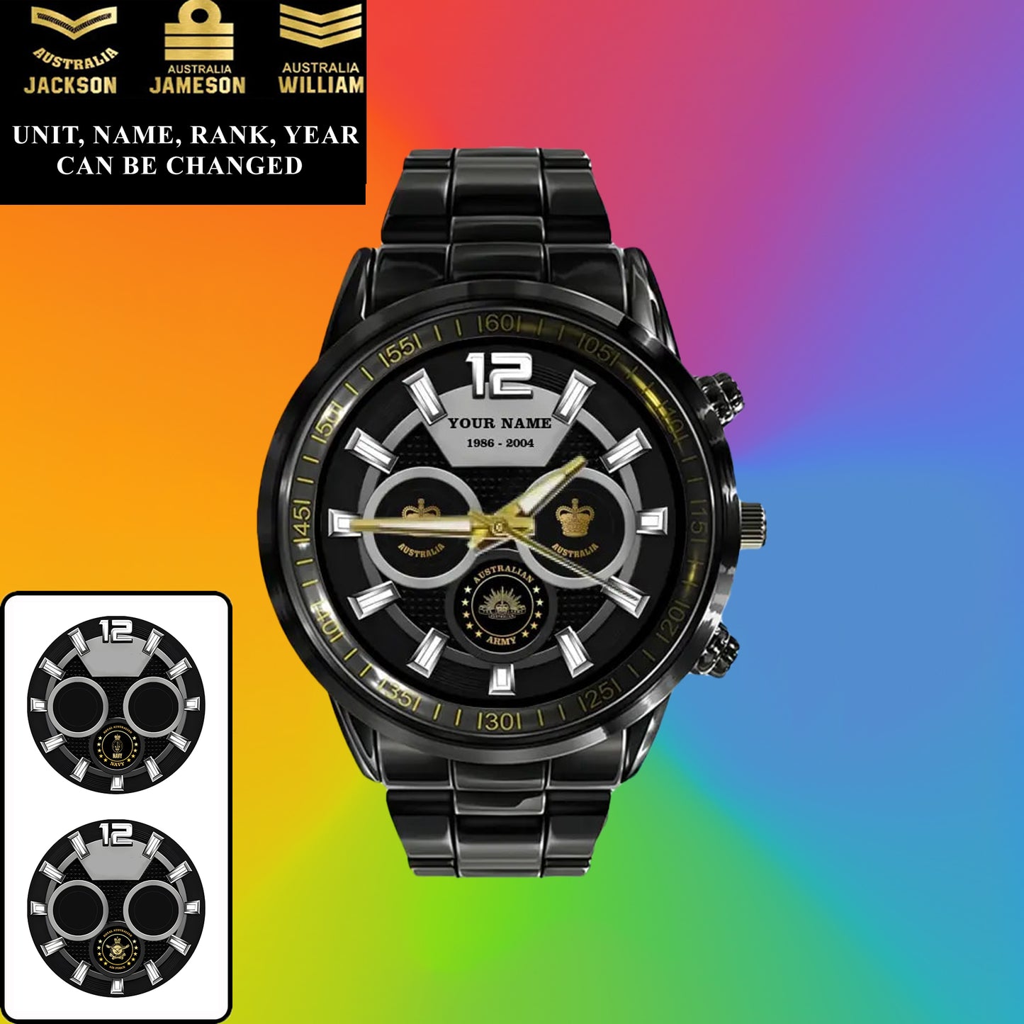 Montre personnalisée en acier inoxydable noir pour soldat/vétéran australien avec nom, grade et année - 27042401QA - Version dorée