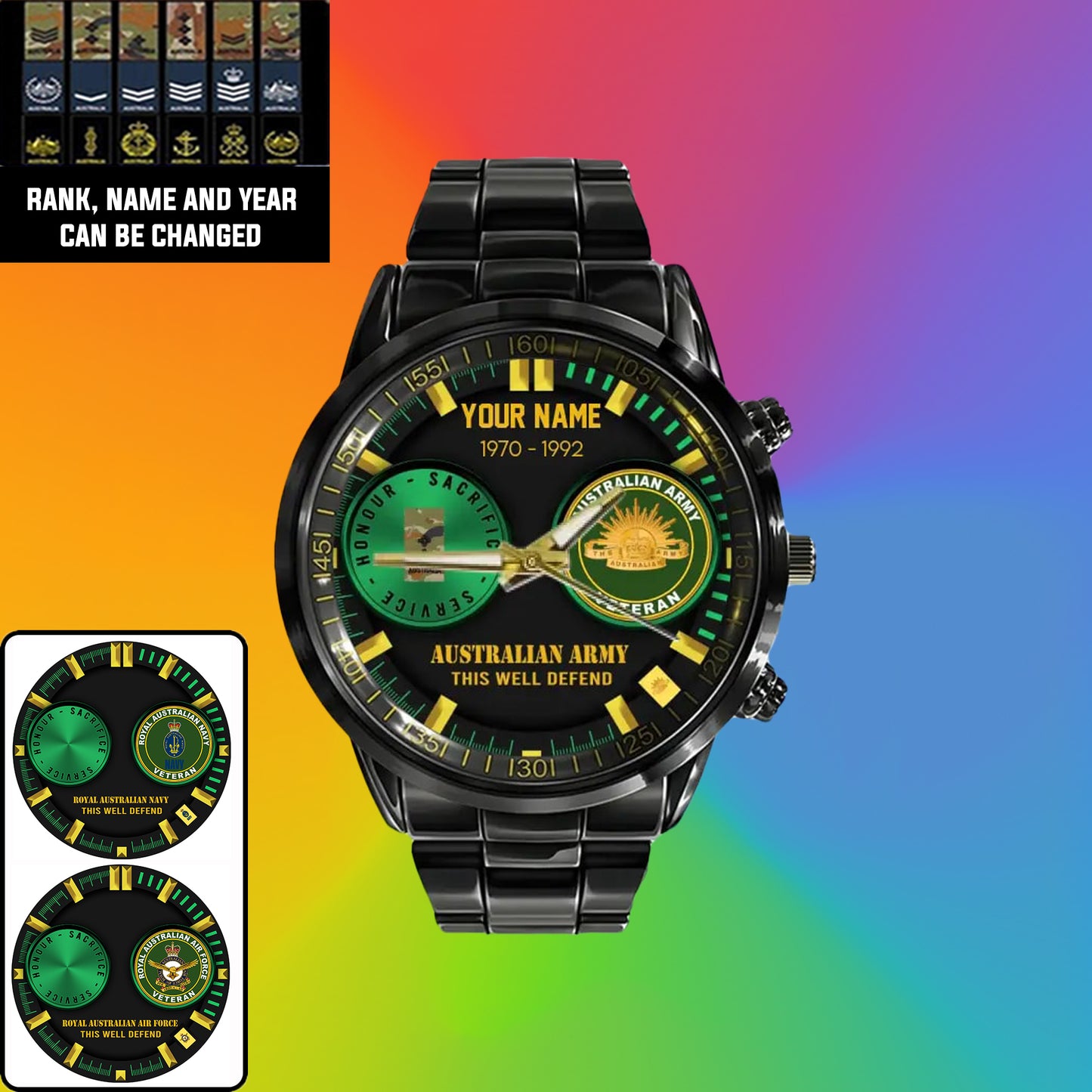 Personalized Australia Soldier/ Veteran With Name, Rank and Year Black Stainless Steel Watch - 18062402QA - Gold Version