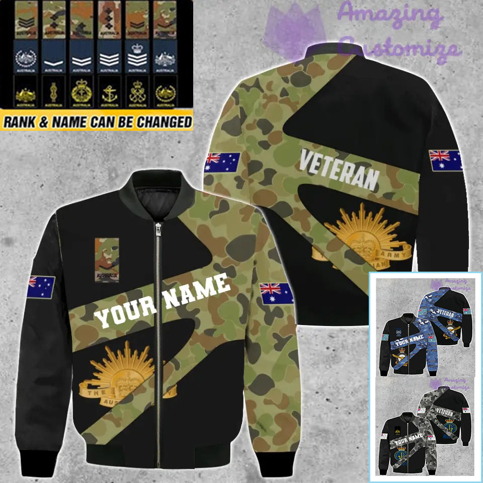 Personalisierte Bomberjacke im Camouflage-Stil für australische Soldaten/Veteranen mit Namen und Rang, 3D-Druck – 300124QA