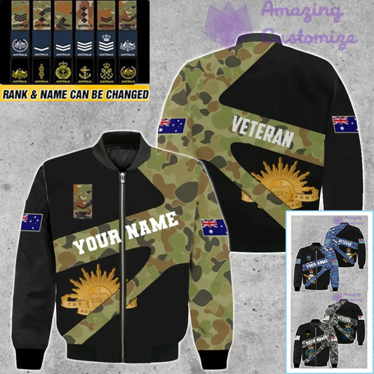 Blouson aviateur personnalisé avec camouflage soldat/vétéran australien avec nom et grade imprimé en 3D - 300124QA