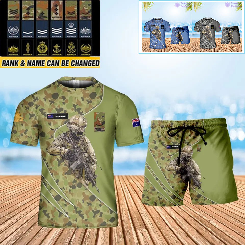 Personalisiertes australisches Soldaten-/Veteranen-Tarnmuster mit Namen und Rang, Kombi-T-Shirt + Shorts, 3D-Druck – 15052401QA