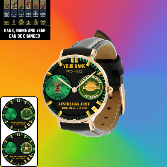 Personalized Australia Soldier/ Veteran With Name, Rank and Year Black Stitched Leather Watch - 18062402QA - Gold Version