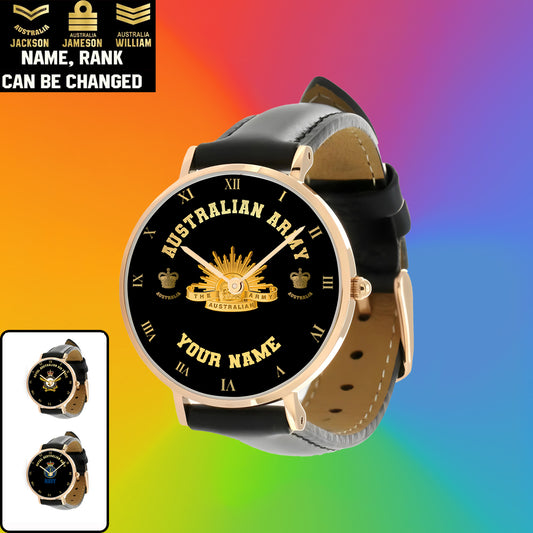 Montre personnalisée en cuir noir avec coutures noires pour soldat/vétéran australien avec nom et grade - 0803240001 - Version dorée