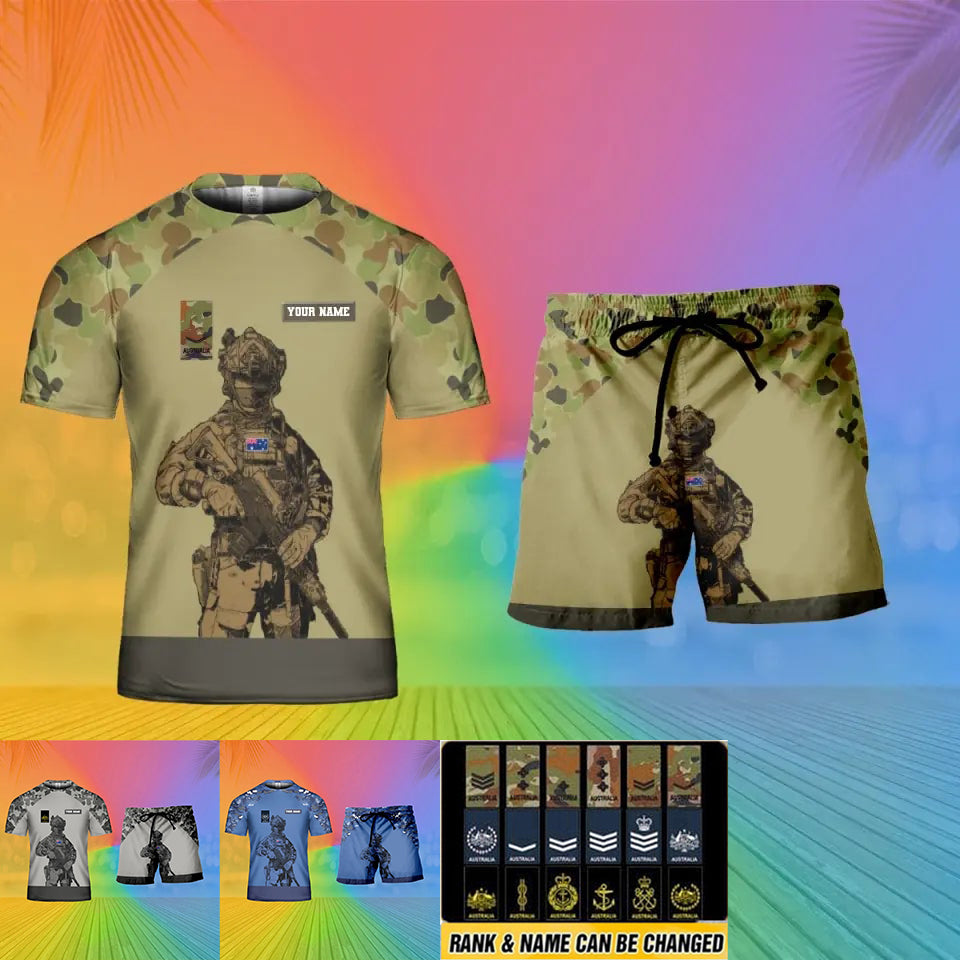 T-shirt personnalisé avec camouflage soldat/vétéran australien avec nom et grade combinés + short imprimé en 3D - 15 mars 2401