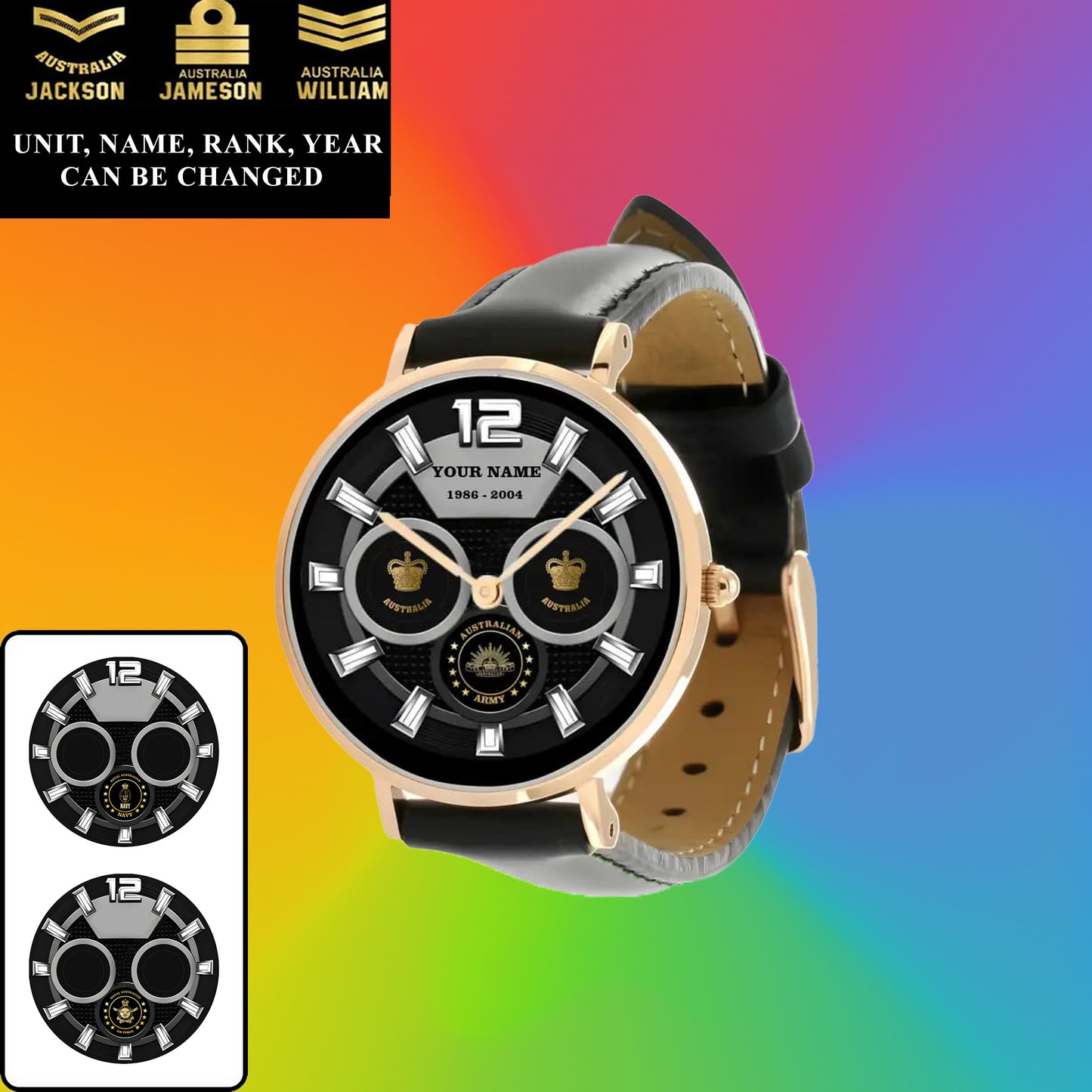 Montre personnalisée en cuir noir cousu pour soldat/vétéran australien avec nom, grade et année - 27042401QA - Version dorée