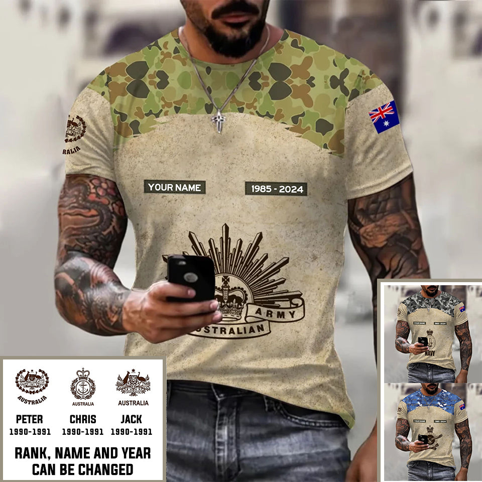 Personalized Australia Soldier/Veteran Camo with Name, Year and Rank T-Shirt All Over Printed - 1720051201