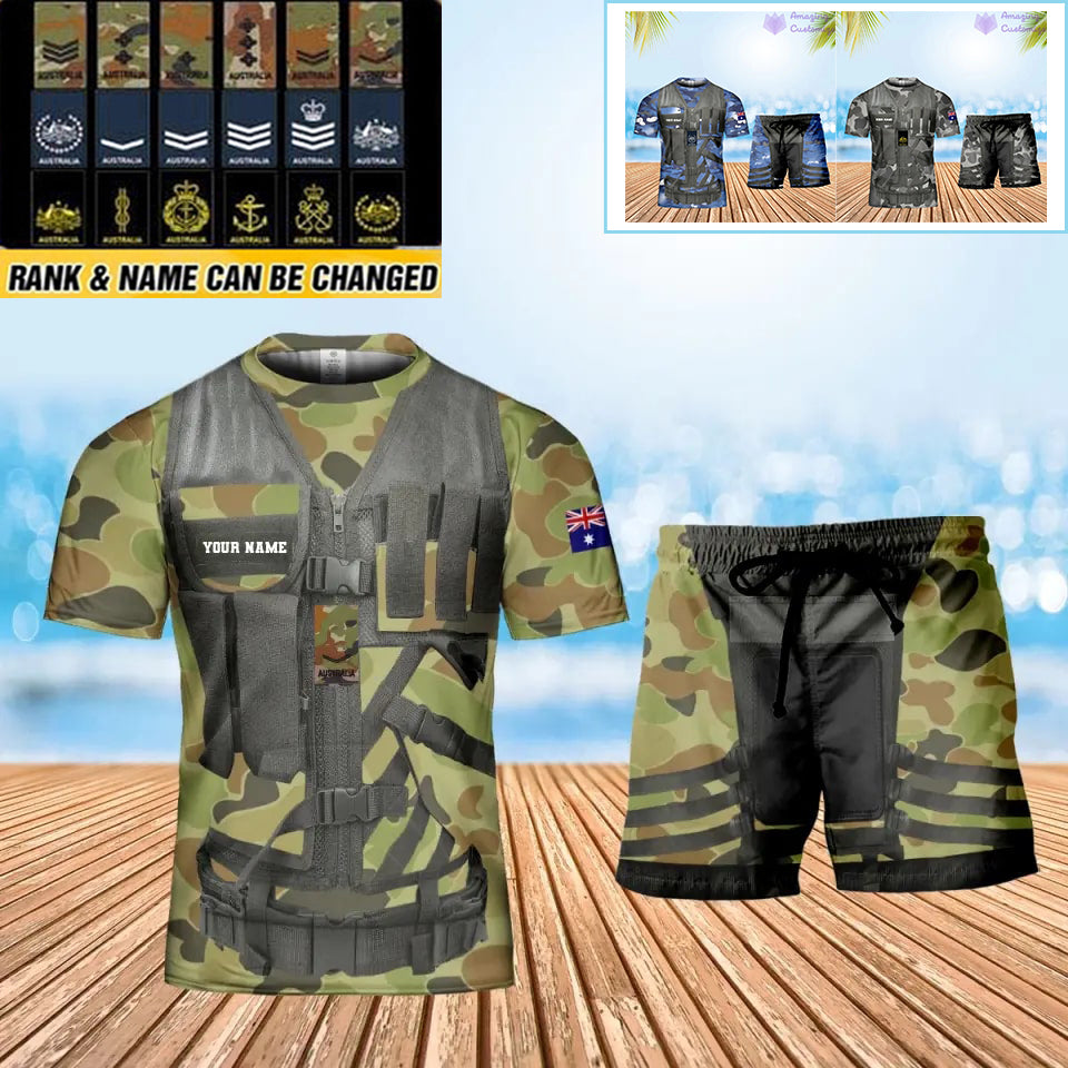 T-shirt personnalisé avec camouflage soldat/vétéran australien avec nom et grade + short imprimé en 3D - 22042401QA